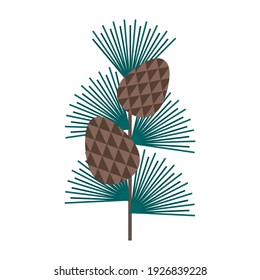 Simple minimalistic green branch of a cedar with needles and brown pine cone. Floral collection of elegant plants for seasonal decoration. Stylized icons of botany. Stock vector illustration.