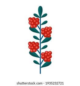 Einfache minimalistische grüne Ast von Himbeeren mit Blättern und roten Beeren. Blumensammlung von eleganten Pflanzen für die saisonale Dekoration . Stilvolle Symbole der Botanik. Stock-Vektorgrafik auf ebene