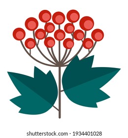 Simple minimalistic green branch of a viburnum with leaves and red berries. Floral collection of colorful elegant plants for seasonal decoration. Stylized icons of botany. Stock vector illustration