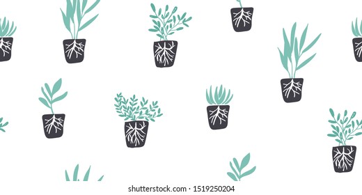 Simple minimalistic green garden plants with roots without pots. Happy gardening design. Minimalistic seamless pattern in scandinavian style. Organic gardening pattern