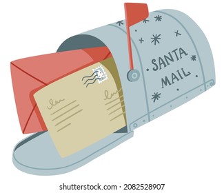 Simple minimalistic illustration with blue Santa Claus mail box with two letters to north pole