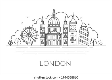 Simple minimalistic illustration  London city silhouette in line art style  Landmarks England  City landscape and horizontal panorama  Vector  eps 10