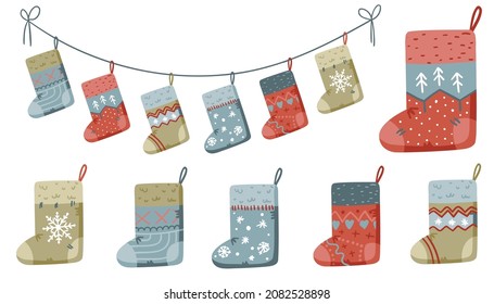 Simple minimalistic illustration of six different hanging tied socks in blue, red and beige colors