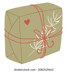 Simple minimalistic illustration of vintage gift box present wrapped by beige craft paper with fir branch, heart and tied with red bow