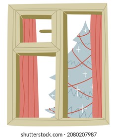 Simple minimalistic illustration of window view with red curtains and blue spruce christmas tree with garland
