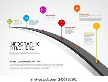 Simple minimalistic infochart infographic template with rainbow cloro droplet pointers with icons labels and short description. Multipurpose infographic template