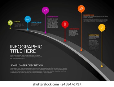 Simple minimalistic infochart infographic template with rainbow cloro droplet pointers with icons labels and short description. Multipurpose infographic template on dark background