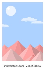 Simple minimalistic landscape verticale poster, view of mountains in pink and blue tones.

