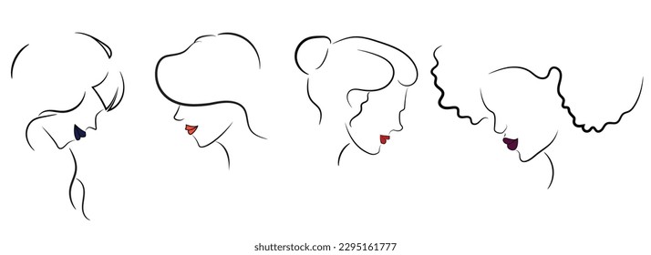 simple and minimalistic line drawing of beautiful women. Abstract vector illustration art of female faces and hair, outline