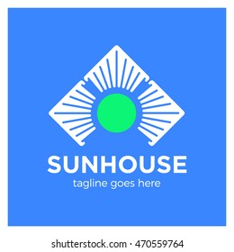 simple minimalistic logotype. three house in circle sun logo. different direction arrow. blue background