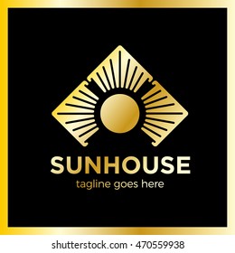 simple minimalistic logotype. three house in circle sun logo. different direction arrow. luxury royal gold metal