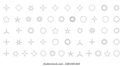 Simple minimalistic outline elements, abstract brutalist geometric shapes. Basic form Y2K figure star, sparkle, rhombus, wavy circle. Swiss primitive element set. Minimal aesthetic postmodern vector.