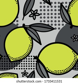 Simple minimalistic pattern with citrus fruits. Stylish modern print with lemons and flowers. Packing, scrapbooking, postcard or background. A print for a dress or shirt. EPS 10
