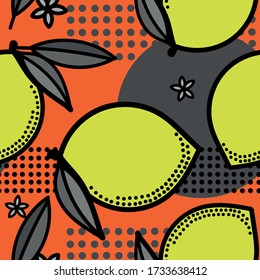 Einfache minimalistische Muster mit Zitrusfrüchten. Stilvolles, modernes Print mit Zitronen und Blumen. Verpackung, Scrapbooking, Postkarte oder Hintergrund. Ein Druck für ein Kleid oder ein Hemd. EPS 10
