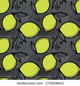 Einfache minimalistische Muster mit Zitrusfrüchten. Stilvolles, modernes Print mit Zitronen und Blumen. Verpackung, Scrapbooking, Postkarte oder Hintergrund. Ein Druck für ein Kleid oder ein Hemd. EPS 10
