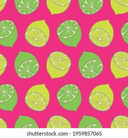 Simple minimalistic pattern with citrus fruits. Stylish modern print with lemons and lime. Packing, scrapbooking, postcard or background. A print for a dress or shirt. Green, pink and yellow. EPS 10
