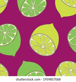 Simple minimalistic pattern with citrus fruits. Stylish modern print with lemons and lime. Packing, scrapbooking, postcard or background. A print for a dress or shirt. Green, pink and yellow. EPS 10
