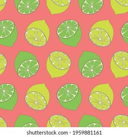 Simple minimalistic pattern with citrus fruits. Stylish modern print with lemons and lime. Packing, scrapbooking, postcard or background. A print for a dress or shirt. Green, pink and yellow. EPS 10
