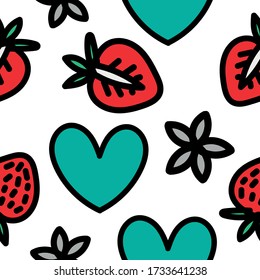 Simple minimalistic pattern with red strawberry, gray flowers and blue hearts. Stylish modern print with cute berries. Packing, postcard or background. Cute fun print for dress or shirt.  Set EPS 10

