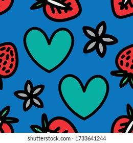 Simple minimalistic pattern with red strawberry, gray flowers and blue hearts. Stylish modern print with cute berries. Packing, postcard or background. Cute fun print for dress or shirt.  Set EPS 10
