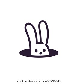 Simple, minimalistic rabbit in hole logo. Cute cartoon bunny vector illustration.
