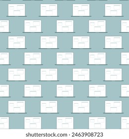 Simple and minimalistic seamless pattern featuring stylized laptop. Pastel blue endless background with computer, symbolizing mail and remote communication. Vector hand drawn flat illustration.