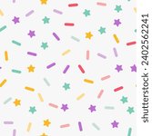 Simple minimalistic seamless pattern, multicolored playful hand drawn cute lines and stars on a white background. Sugar sprinkles on a donut, confetti, cupcake.