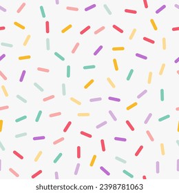 Sencillo patrón minimalista sin fisuras, multicolor divertido dibujado a mano líneas lindas sobre un fondo blanco. El azúcar se espolvorea sobre donut, confetti.