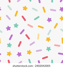 Simple minimalistic seamless pattern, multicolored playful hand drawn cute lines and stars on a white background. Sugar sprinkles on donut, confetti.