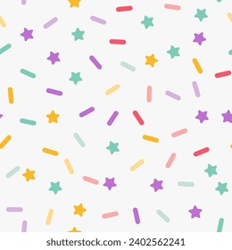 Simple minimalistic seamless pattern, multicolored playful hand drawn cute lines and stars on a white background. Sugar sprinkles on a donut, confetti, cupcake.