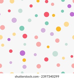 Simple minimalistic seamless pattern, playful hand drawn cute dots of different colors and sizes on a white background. Sugar sprinkles on a donut, confetti, cupcake.