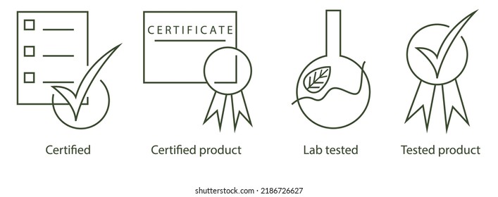 Simple, minimalistic set of approve related icons: certified product, lab tested, tested product. Editable Stroke. Pixel Perfect.