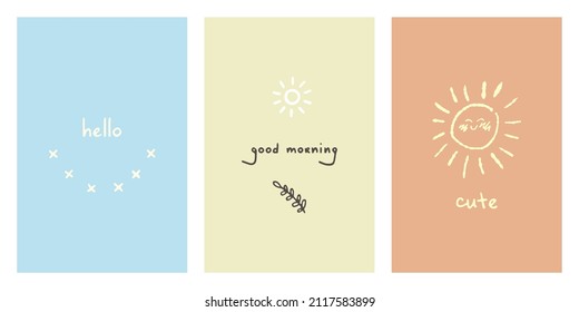 Ein einfaches und minimalistisches Set mit alltäglichen Phrasen auf unterschiedlichen Hintergründen. Kinderdoodles für Deckeln, Wrapper, Textilien und Gewebe, Kinder, Innenräume, Plakate