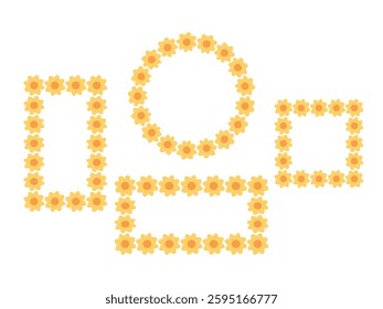 A simple minimalistic set of yellow flower frames in flat style. Round, square, rectangular frames. template, background, graphic element for decoration

