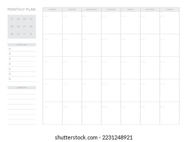 A simple, minimalistic style monthly planner. Note, scheduler, diary, calendar planner document template illustration.