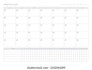 A simple, minimalistic style monthly planner. Note, scheduler, diary, calendar planner document template illustration.
