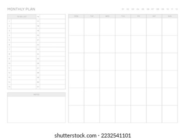 A simple, minimalistic style monthly planner. Note, scheduler, diary, calendar planner document template illustration.