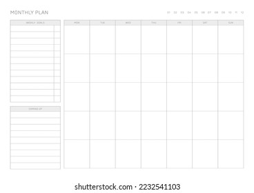 A simple, minimalistic style monthly planner. Note, scheduler, diary, calendar planner document template illustration.