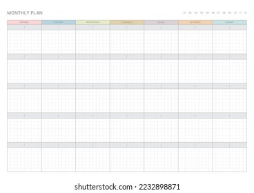 A simple, minimalistic style monthly planner. Note, scheduler, diary, calendar planner document template illustration.