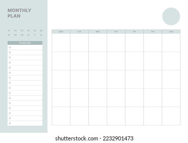 Un simple planificador mensual de estilo minimalista. Ilustración de la plantilla de documento de planificador de calendarios, agenda, agenda, agenda, plan de calendario.