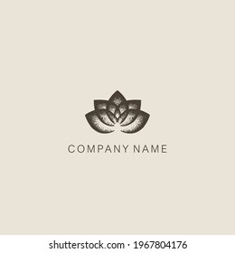 Simple, minimalistic, stylized lotus flower symbol or logotype, composed of several elements. With small dots. Vector illustration