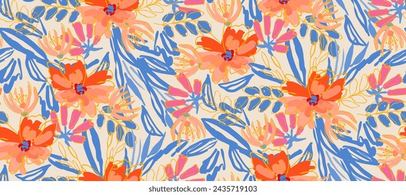 Simple minimalistic summer tropical Modern floral with flowers print. Seamless pattern. Hand drawn style.