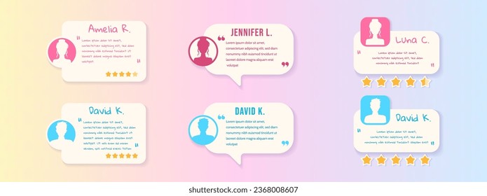 Simple minimalistic testimonial review with review text, customer icon and rating. Customer service feedback, brand introduction background template. Vector illustration