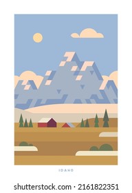 Afiche simple de vector de viaje minimalista. Parques nacionales de Estados Unidos y monumentos. Viaje por carretera. Idaho.