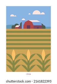 Afiche simple de vector de viaje minimalista. Parques nacionales de Estados Unidos y monumentos. Viaje por carretera. Iowa.