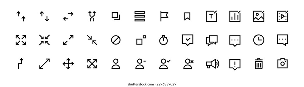 Íconos simples minimalistas de ui. Flechas, chat, usuario. Símbolos de la línea de navegación del sitio web. Juego de iconos de trazo de píxeles perfectos y editables