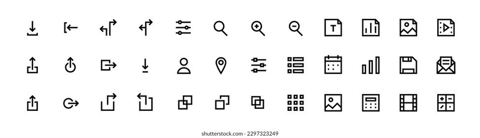 Simple minimalistic ui icons. Download, file type. Website navigation line symbols. Pixel perfect, editable stroke icons set
