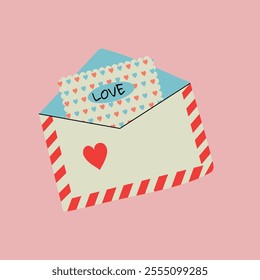Simple, minimalistic Valentines Day card with envelope. Vector illustration in flat style, hand drawn doodle.