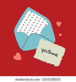 Simple, minimalistic Valentines Day card with envelope. Vector illustration in flat style, hand drawn doodle.