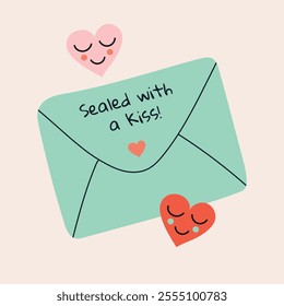 Simple, minimalistic Valentines Day card with envelope. Vector illustration in flat style, hand drawn doodle.
